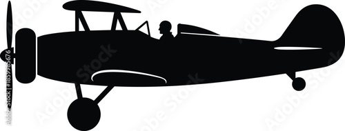 Vintage biplane airplane silhouette with pilot isolated on white background classic aviation history retro aircraft flight illustration