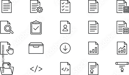 Professional document management and administrative data processing line icon set featuring digital filing, automated reports, legal certification, and document search symbols.