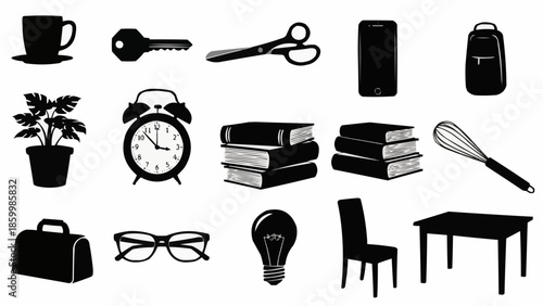 Collection of everyday objects and office supplies in silhouette.