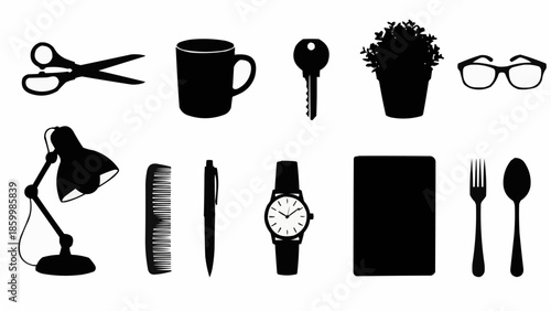 Collection of everyday objects and office supplies in silhouette.