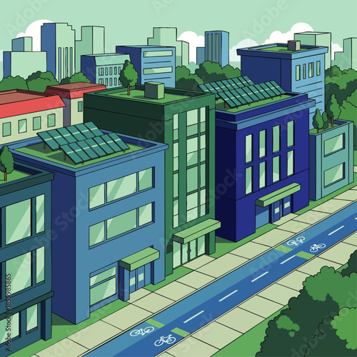Modern city street with eco-friendly buildings featuring solar panels and green roofs, plus a dedicated bike lane.