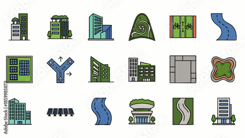 Collection of modern flat design city elements icons, including buildings, roads, parks, and urban infrastructure for maps and planning projects.