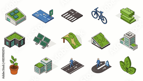 Isometric Green Eco-Friendly City Icons: Buildings, Solar Panels, Bicycle, Plants, and Roads