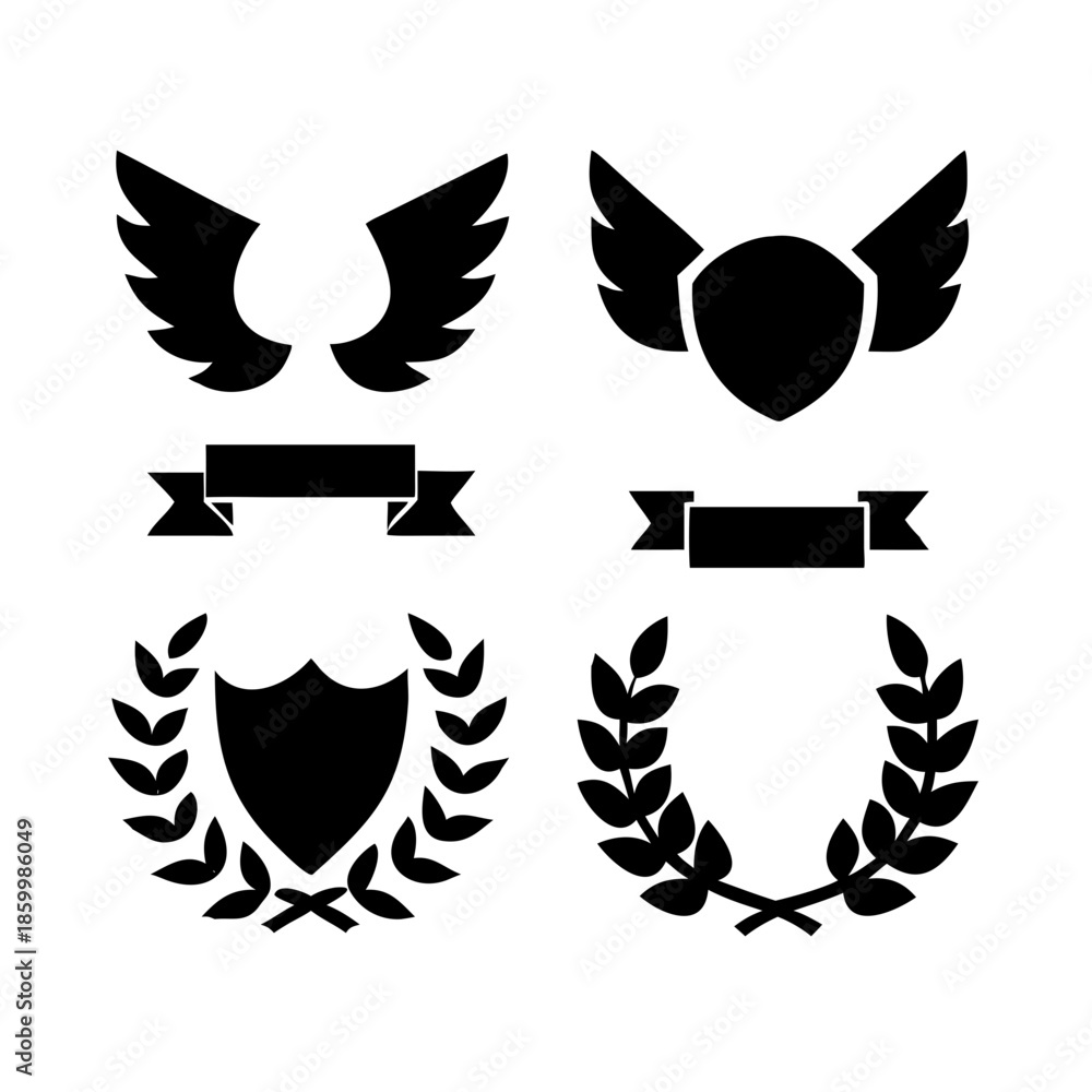 Obraz premium Laurel wreath, shield, wing, ribbon, and banners vector set. Laurel wreaths, shields, wings, ribbons illustration for awards, heraldry, logos, badges, and branding designs .