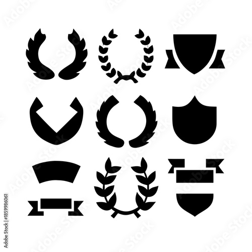 Laurel wreath, shield, wing, ribbon, and banners vector set. Laurel wreaths, shields, wings, ribbons illustration for awards, heraldry, logos, badges, and branding designs .