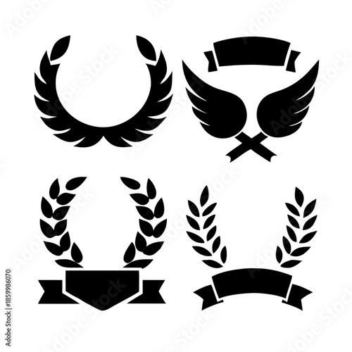 Laurel wreath, shield, wing, ribbon, and banners vector set. Laurel wreaths, shields, wings, ribbons illustration for awards, heraldry, logos, badges, and branding designs .