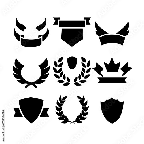 Laurel wreath, shield, wing, ribbon, and banners vector set. Laurel wreaths, shields, wings, ribbons illustration for awards, heraldry, logos, badges, and branding designs .