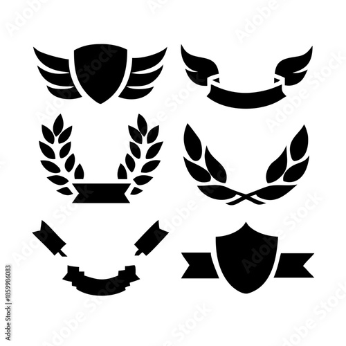 Laurel wreath, shield, wing, ribbon, and banners vector set. Laurel wreaths, shields, wings, ribbons illustration for awards, heraldry, logos, badges, and branding designs .