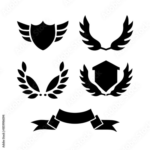 Laurel wreath, shield, wing, ribbon, and banners vector set. Laurel wreaths, shields, wings, ribbons illustration for awards, heraldry, logos, badges, and branding designs .