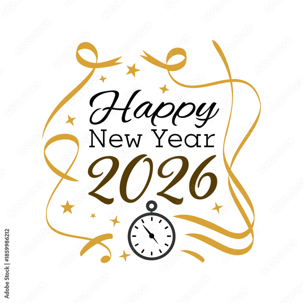 Obraz premium Happy New Year 2026 Typography with Clock and Golden Ribbons
