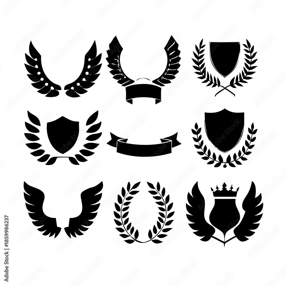 Obraz premium Laurel wreath, shield, wing, ribbon, and banners vector set. Laurel wreaths, shields, wings, ribbons illustration for awards, heraldry, logos, badges, and branding designs .