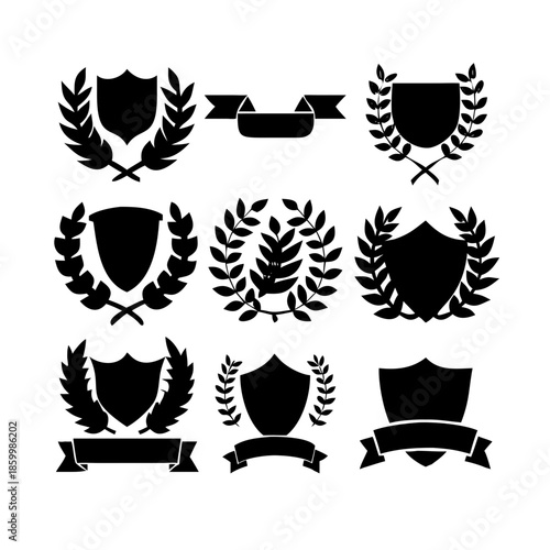 Laurel wreath, shield, wing, ribbon, and banners vector set. Laurel wreaths, shields, wings, ribbons illustration for awards, heraldry, logos, badges, and branding designs .