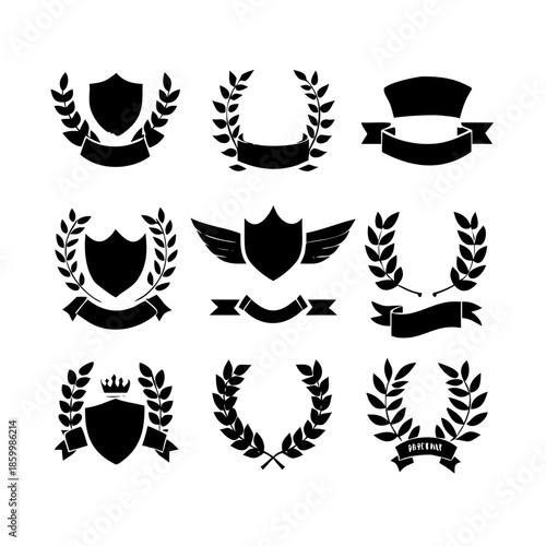 Laurel wreath, shield, wing, ribbon, and banners vector set. Laurel wreaths, shields, wings, ribbons illustration for awards, heraldry, logos, badges, and branding designs .