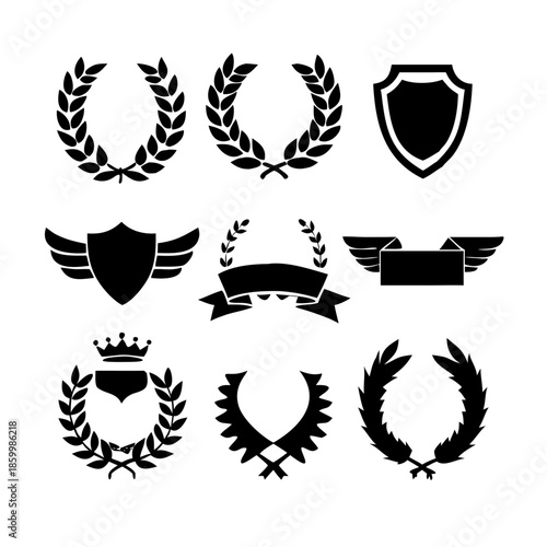 Laurel wreath, shield, wing, ribbon, and banners vector set. Laurel wreaths, shields, wings, ribbons illustration for awards, heraldry, logos, badges, and branding designs .