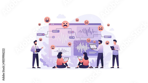 Sentiment Analysis & Emotion Detection Vector: Team Tracking Audio Voice Waves & Customer Feedback Emojis on Dashboard, AI Data Research & Social Media Monitoring Concept Illustration
