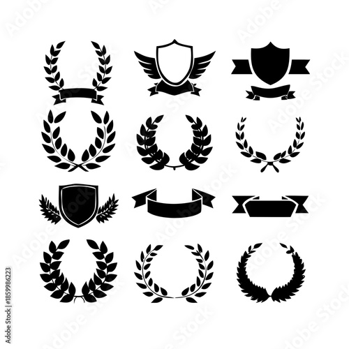 Laurel wreath, shield, wing, ribbon, and banners vector set. Laurel wreaths, shields, wings, ribbons illustration for awards, heraldry, logos, badges, and branding designs .