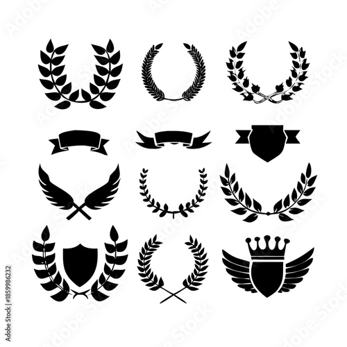 Laurel wreath, shield, wing, ribbon, and banners vector set. Laurel wreaths, shields, wings, ribbons illustration for awards, heraldry, logos, badges, and branding designs .