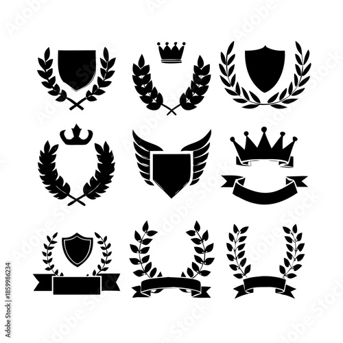 Laurel wreath, shield, wing, ribbon, and banners vector set. Laurel wreaths, shields, wings, ribbons illustration for awards, heraldry, logos, badges, and branding designs .