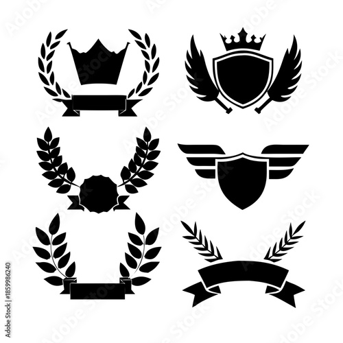 Laurel wreath, shield, wing, ribbon, and banners vector set. Laurel wreaths, shields, wings, ribbons illustration for awards, heraldry, logos, badges, and branding designs .