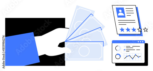 Hand holding money, personal profile with star rating, and data analytics dashboard. Ideal for payment, finance, employment, performance, recruitment analysis business management. Simple flat
