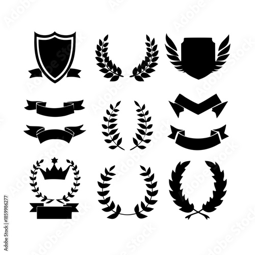 Laurel wreath, shield, wing, ribbon, and banners vector set. Laurel wreaths, shields, wings, ribbons illustration for awards, heraldry, logos, badges, and branding designs .