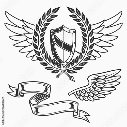 Laurel wreath, shield, wing, ribbon, and banners vector set. Laurel wreaths, shields, wings, ribbons illustration for awards, heraldry, logos, badges, and branding designs .