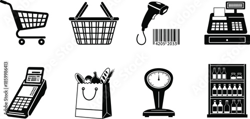 Retail shopping icon set, grocery store tools, black and white vector, barcode and payment symbols, commercial equipment illustration, checkout concept