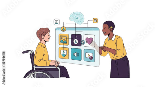 AI Accessibility Technology Vector: Disabled Man in Wheelchair & Woman with Hearing Aid Using Smart Interface, Inclusive Digital Design & Machine Learning Assistance Concept Illustration