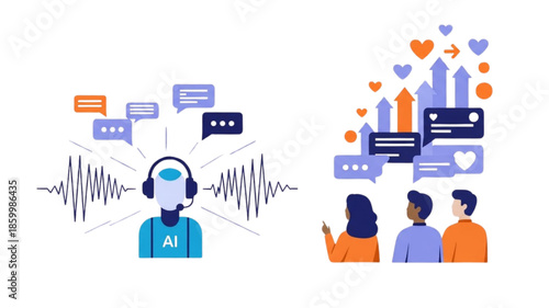 AI voice assistant with headset processing data while diverse team monitors social media growth. Business people tracking positive engagement and likes. Marketing concept. Flat vector illustration.