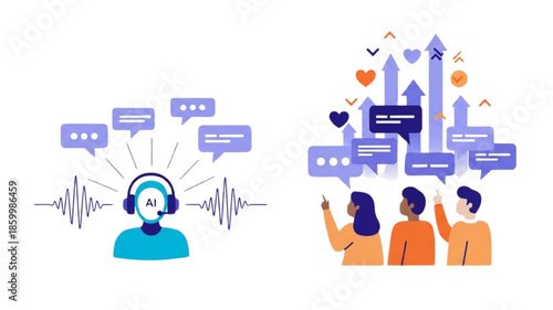 AI Digital Marketing Voice Assistant Illustration with Customer Support Headset, Social Media Engagement Chat Bubbles, Sentiment Feedback, Community Interaction, Growth Arrows Vector