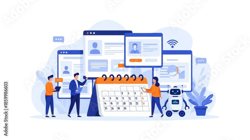 Diverse marketing team collaborating with AI robot for social media planning. Colleagues scheduling content on calendar with digital profiles. Strategy concept. Flat vector illustration.