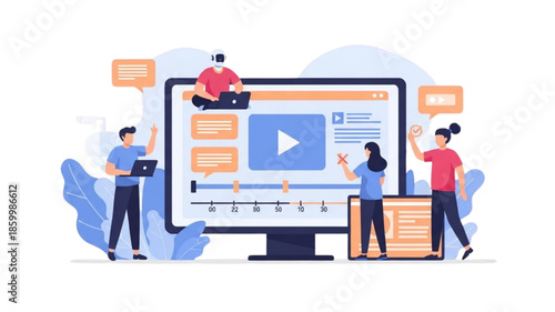 Creative team collaborating with AI robot for video editing and social media marketing. Digital content creation process on large screen. Artificial intelligence concept. Flat vector illustration.