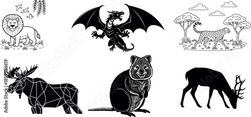 Variety of animals silhouettes bat moose raccoon deer and more
