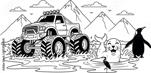 Wild animal friends penguin and seal play with monster truck in mountainous landscape
