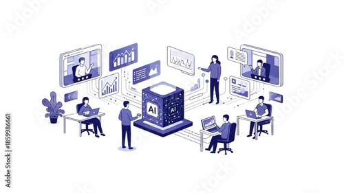 AI Digital Marketing Analytics Illustration with Remote Team, Virtual Meeting Screens, Data Dashboards, KPI Charts, Automation Platform, Online Campaign Reporting, Business Strategy Vector