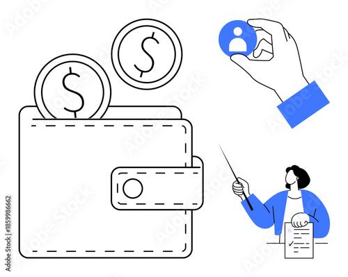 Wallet with coins symbolizing finances, a hand holding user profile for personalization or HR, and a person presenting data. Ideal for finance, banking, HR, presentations, planning, business