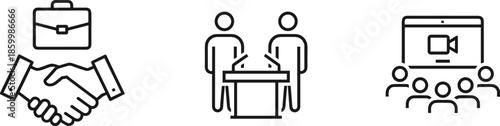 Professional corporate partnership and public discourse line icon set featuring legal handshake agreements, executive podium debates, and large-scale virtual conference audience symbols.