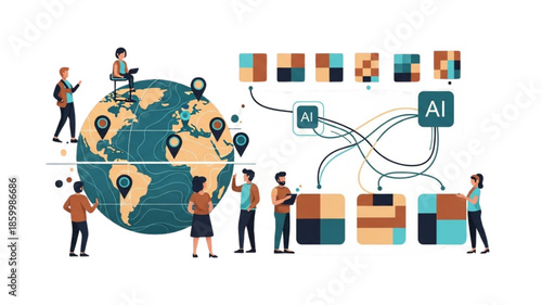 AI Digital Marketing Global Targeting Illustration with World Map Location Pins, Audience Segmentation, Data Connections, Campaign Optimization, International Business Team Strategy Vector