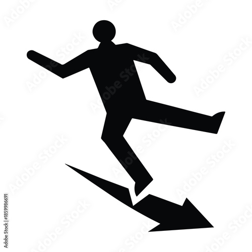 Financial risk concept – businessman slipping on downward arrow silhouette isolated on white