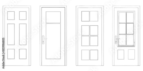 Illustrative line drawing of four different interior door designs with varying panels