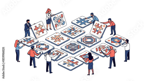 Team Solving Puzzle Collaboration Illustration with People Assembling Abstract Tiles, Problem Solving Workshop, Strategy Planning, Innovation Brainstorming, Business Teamwork Vector