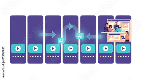 AI Story Reels Planner Illustration for Social Media Content Calendar with Vertical Video Templates, Workflow Timeline, Scheduling, Creator Team Collaboration, Marketing Strategy Vector