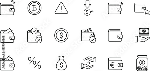 Financial transactions and digital currency line icon set featuring Bitcoin, secure wallets, money savings jars, currency exchange, and cash-in-hand payment symbols.