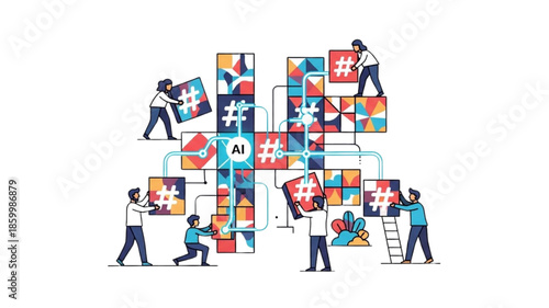 AI driven social media marketing, team constructing large hashtag with artificial intelligence technology, viral content strategy concept, flat vector illustration