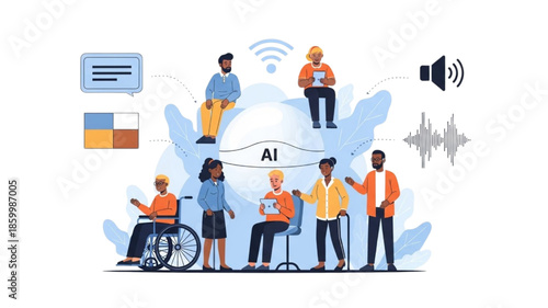 AI Accessibility Illustration with Inclusive Diverse People, Assistive Technology, Screen Reader, Voice Control, High Contrast UI, Disability Support, Digital Inclusion Vector