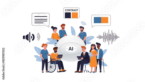 Inclusive AI accessibility technology, diverse people with disabilities using artificial intelligence assistance, voice recognition and high contrast tools, flat vector illustration concept