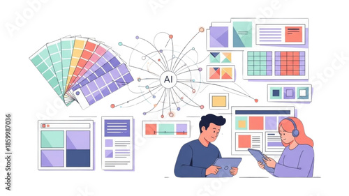 AI Powered UI UX Design Illustration with Color Palette Swatches, Wireframes, Mobile App Interface, Dashboard Layout, Sticky Notes, Creative Team Collaboration Vector
