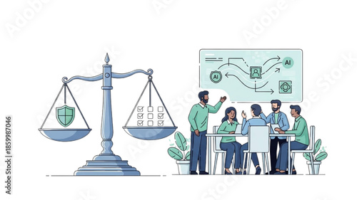 AI ethics and legal compliance concept, business team meeting on artificial intelligence regulation, scale balancing security shield and checklist, flat vector illustration for corporate