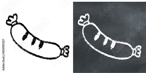 Chalk handdrawn sausage vector for BBQ menus. Ideal for illustrating butcher shops, breakfast meats, hot dogs, and grilling food on blackboards.