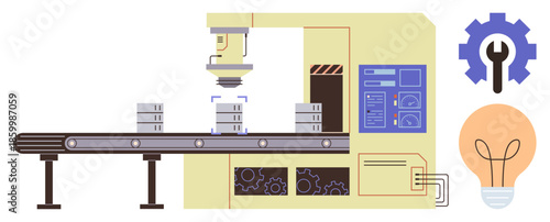 Factory machine on conveyor assembling components, gear and wrench illustrating settings, light bulb symbolizing ideas. Ideal for manufacturing, technology, efficiency, robotics, innovation, process